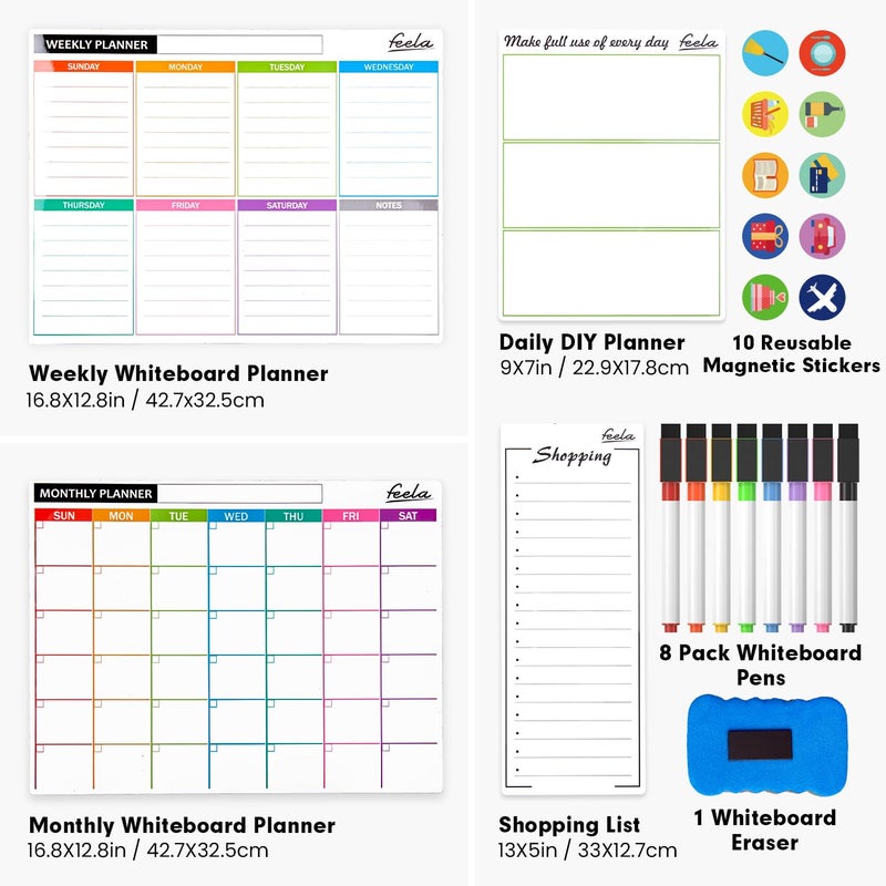 Feela 4 Pack Dry Erase 2024 Magnetic White Board Calendar Kit, Feela Monthly Weekly Calendar for Wall Refrigerator, Office Supplies with 8 Magnetic Erase Markers, 1 Eraser, 10 Stickers for Schedule - Image 2